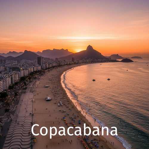 Vista de Copacabana, bairro icônico do Rio de Janeiro, famoso por sua praia, calçadão e vida vibrante.